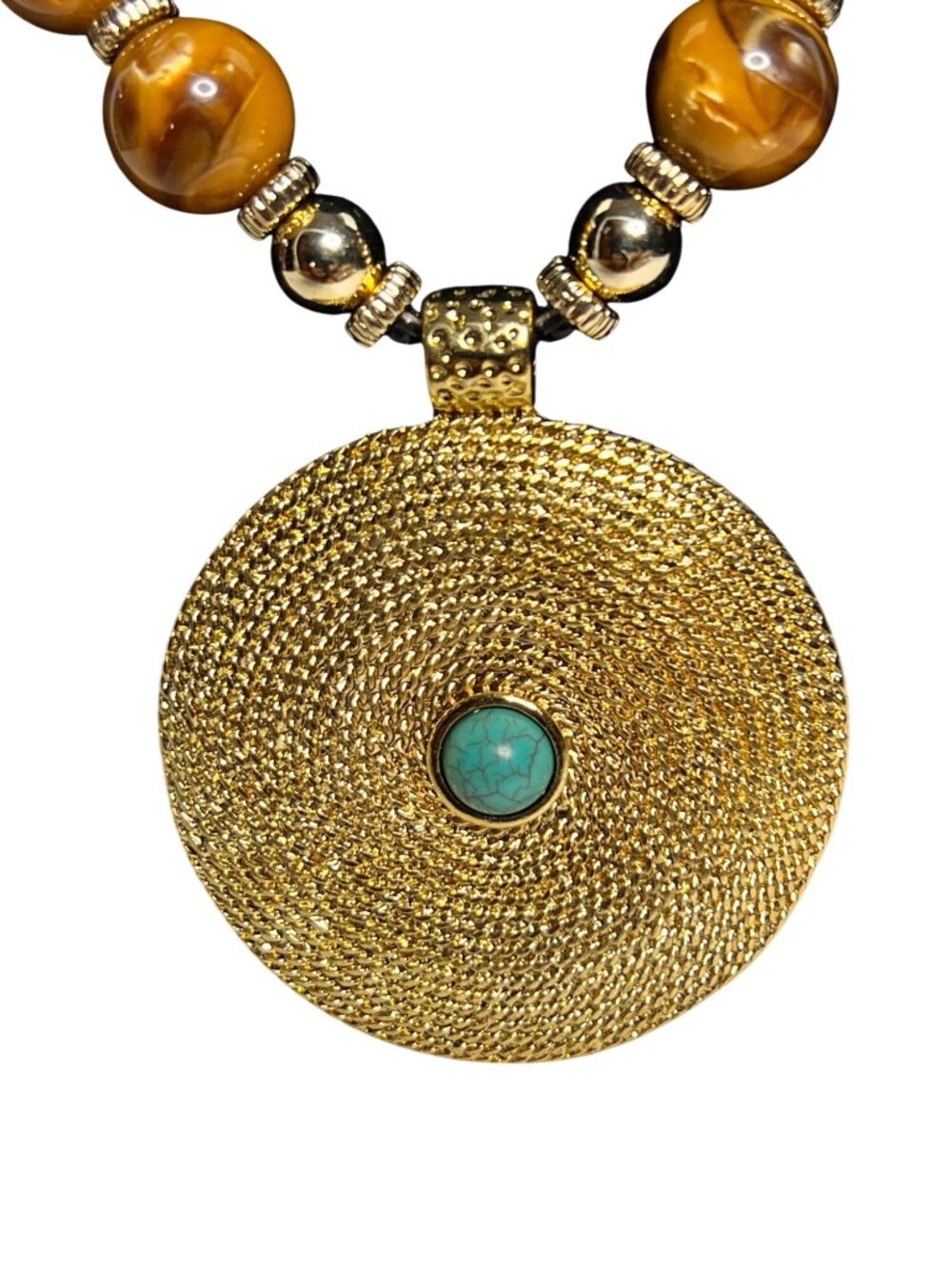 Erica Lyons Gold Tone Faux Turquois and Brown Bead Statement Necklace (6312) - Picture 2 of 8